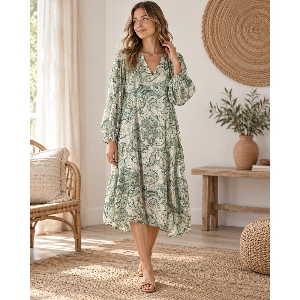 Yours Truly Paisley Boho Dress Size 12 Green Ivory Long Sleeve V-Neck